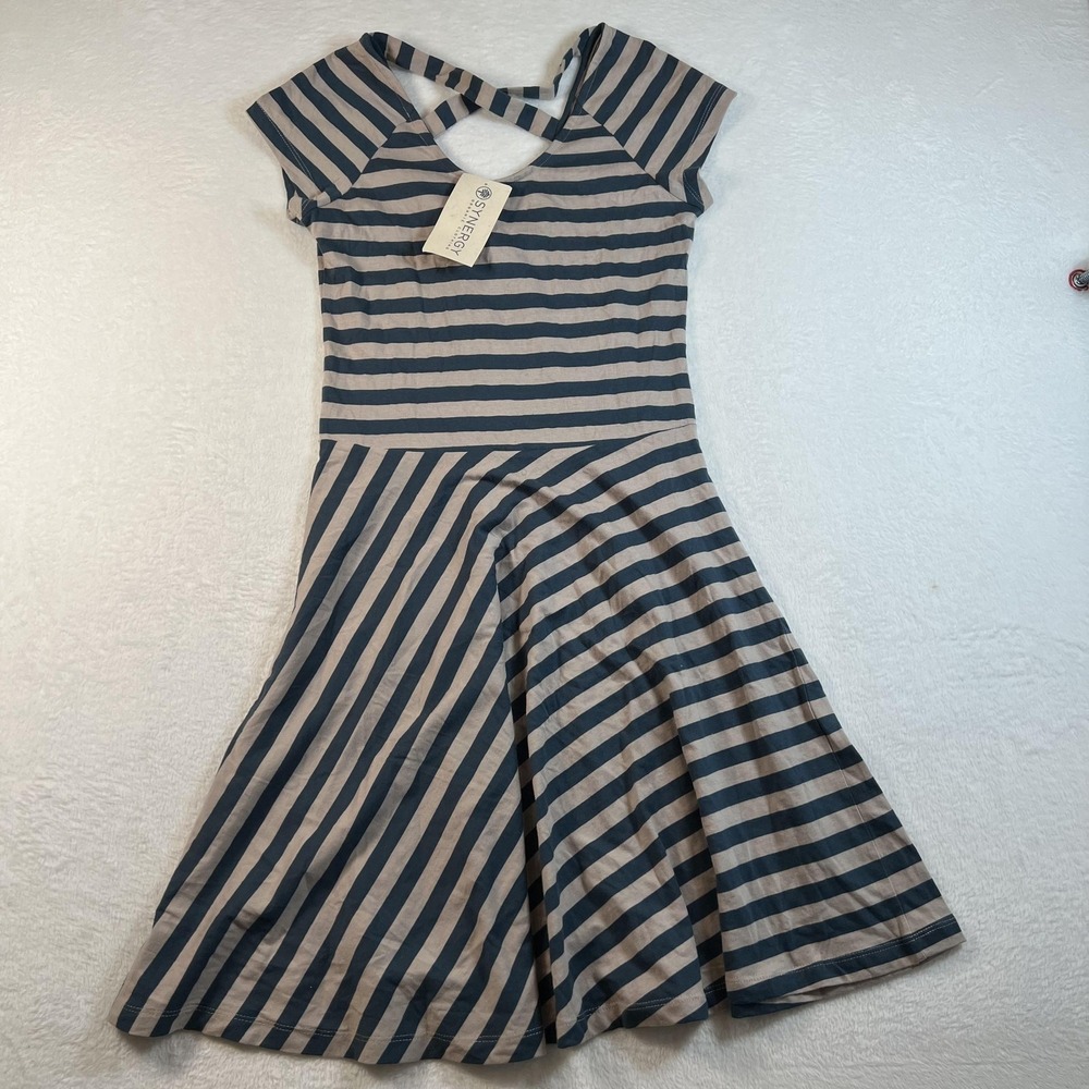 Synergy Dress Womens Small Blue Striped Fit Flare Scoop Neck Crisscross Back